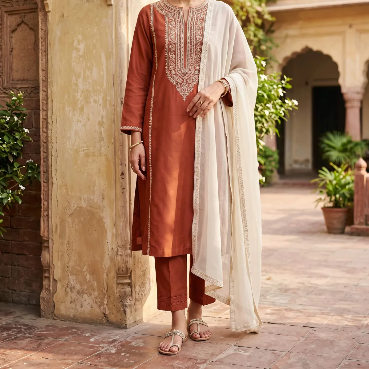 Rust Embroidered Kurta Set — photo 2