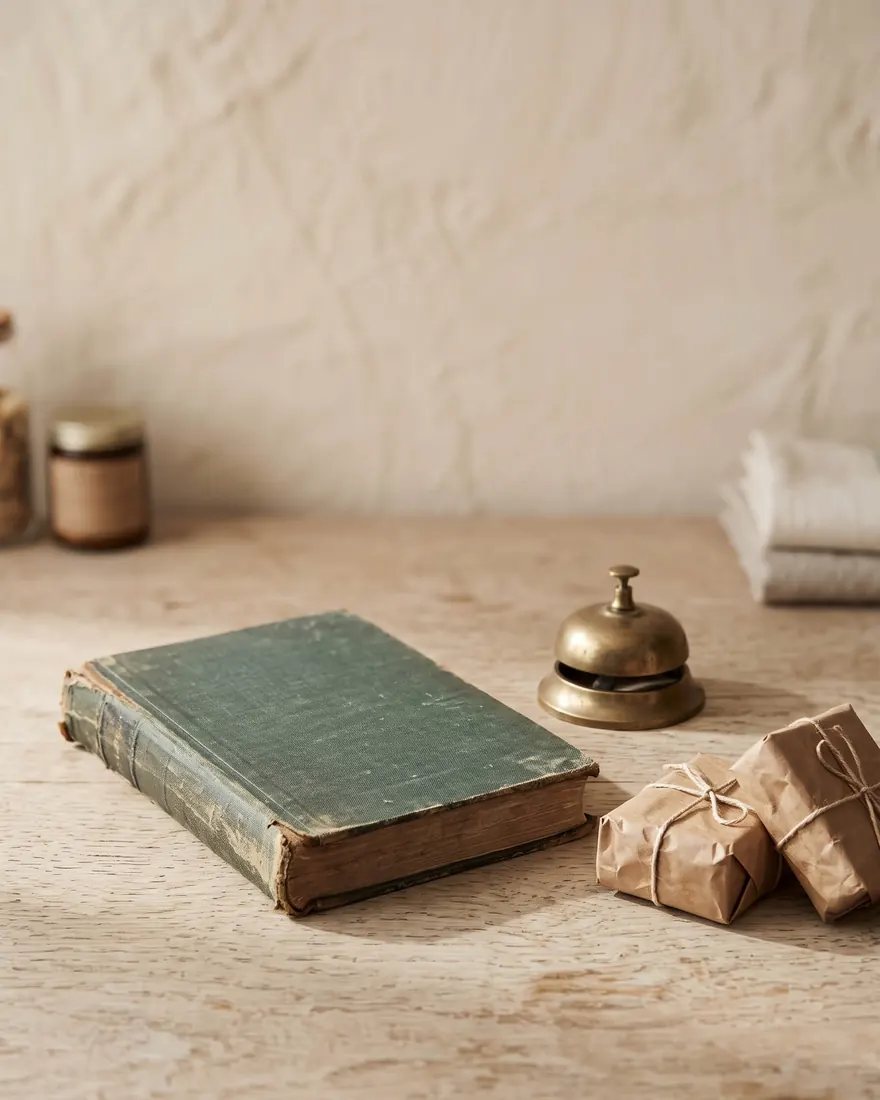 An old ledger, a brass counter bell and parcels tied with twine on the shop counter